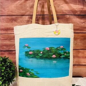 NWT Hand painted tote bag: water lilies turquoise